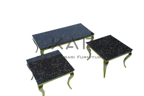 COFFEE TABLE GALAXY BLACK MARBLE DESIGN UV SHEET - 3 PIECE SET - Victoria style Golden center table