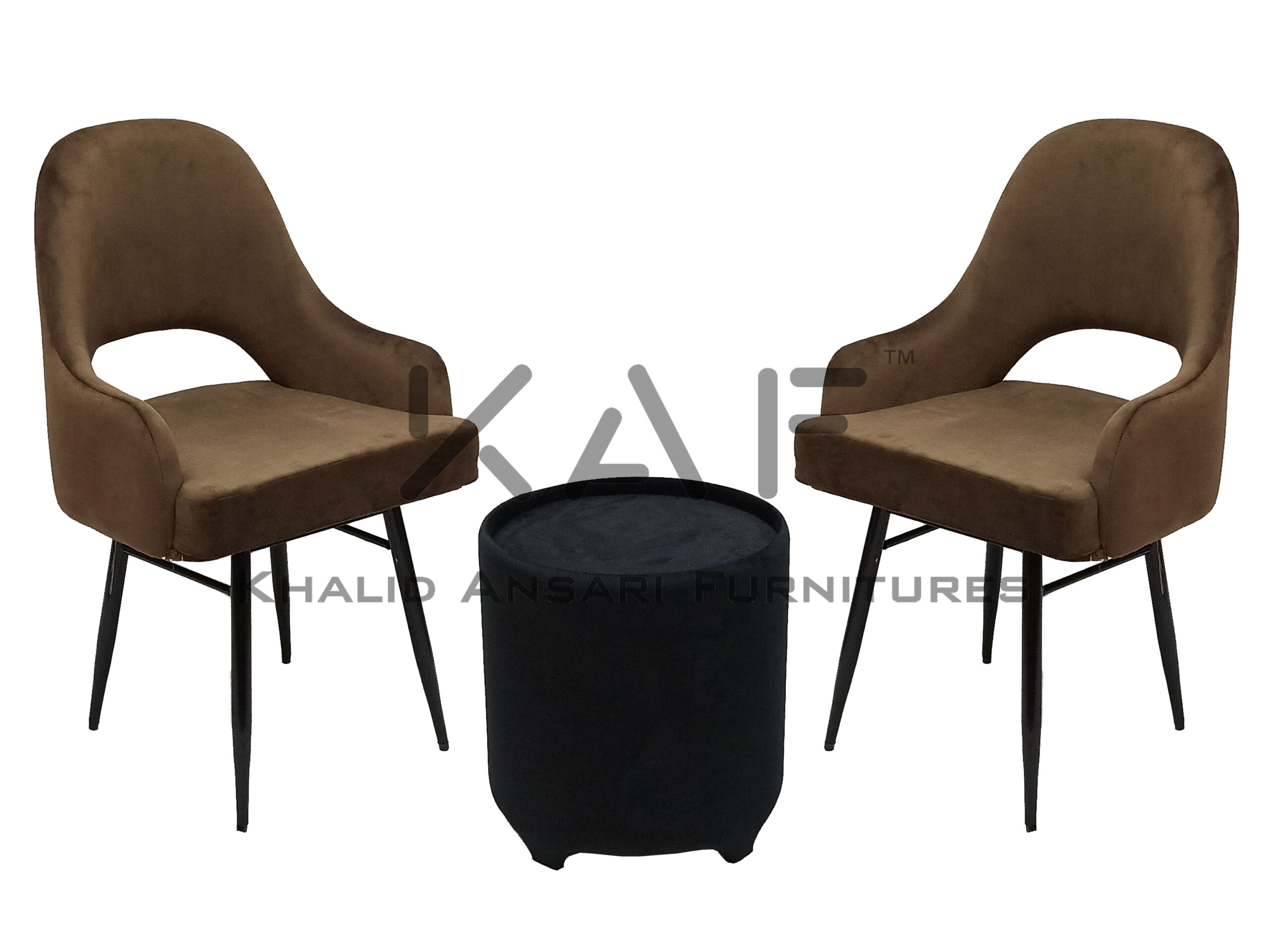 Bed Room Premium Chair Arm Hole Design Brown Velvet set with Black Velvet Tea Table - 2 Chairs + 1 Table