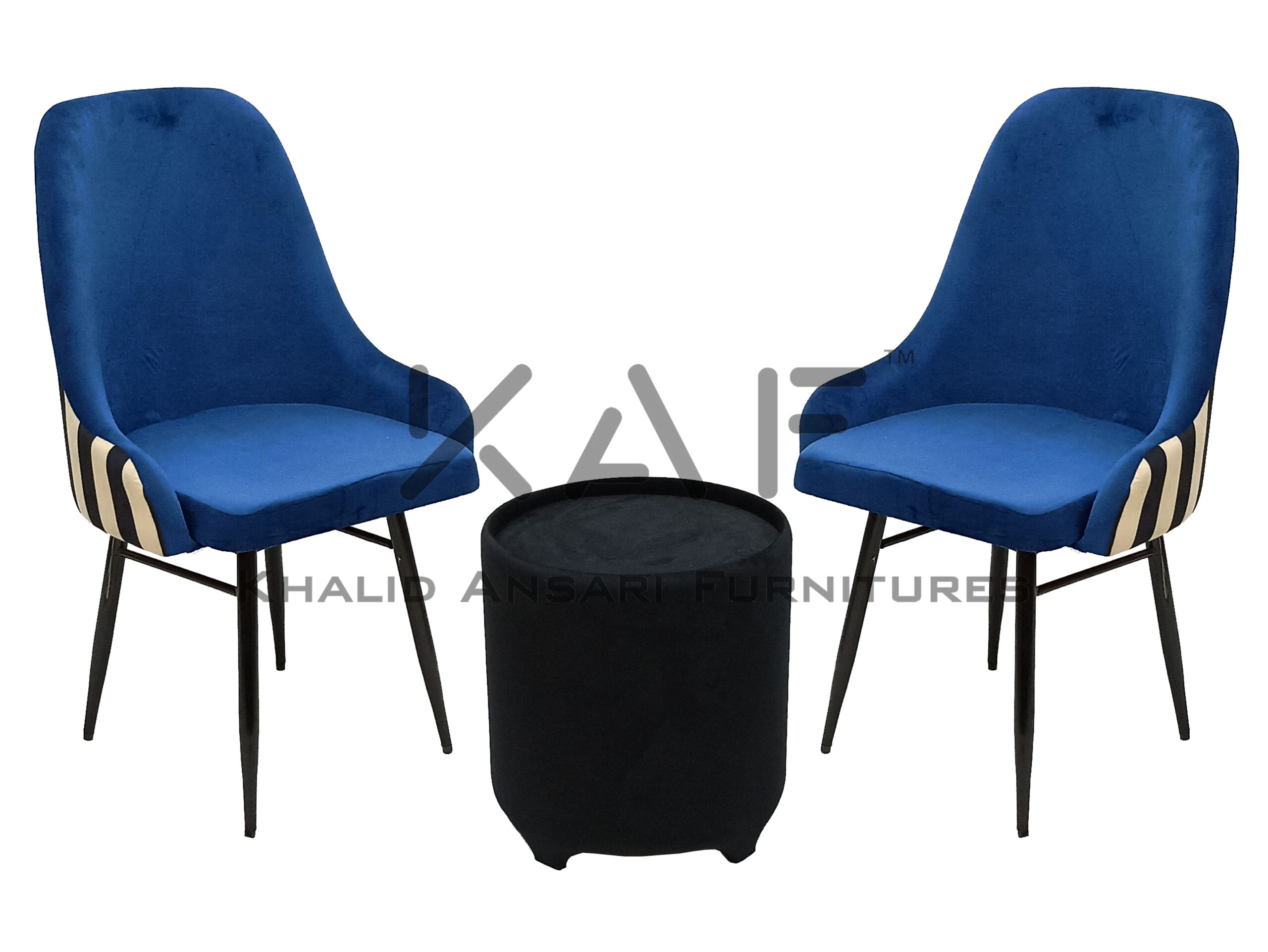 Bed Room Premium Chair High Back Arm Blue Velvet set with Black Velvet Tea Table - 2 Chairs + 1 Table