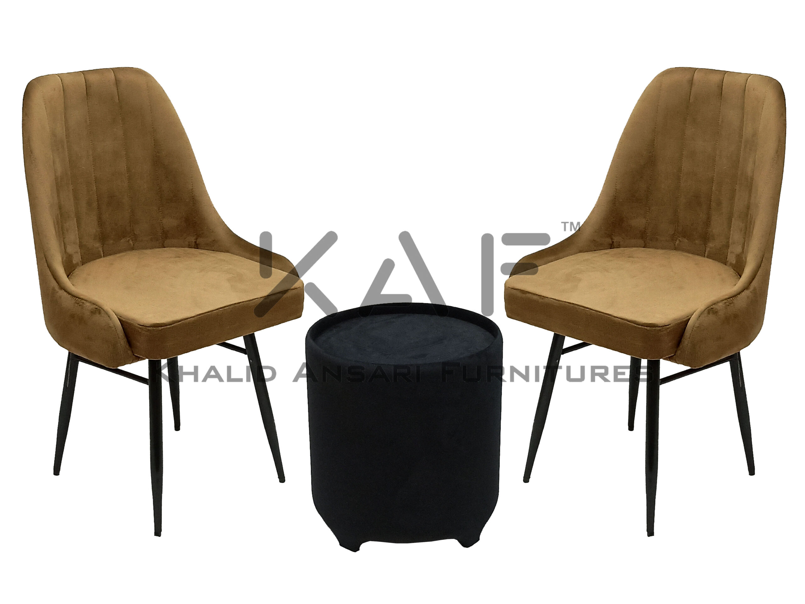Bed Room Premium Chair High Back Arm Camel Brown Velvet set with Black Velvet Tea Table - 2 Chairs + 1 Table