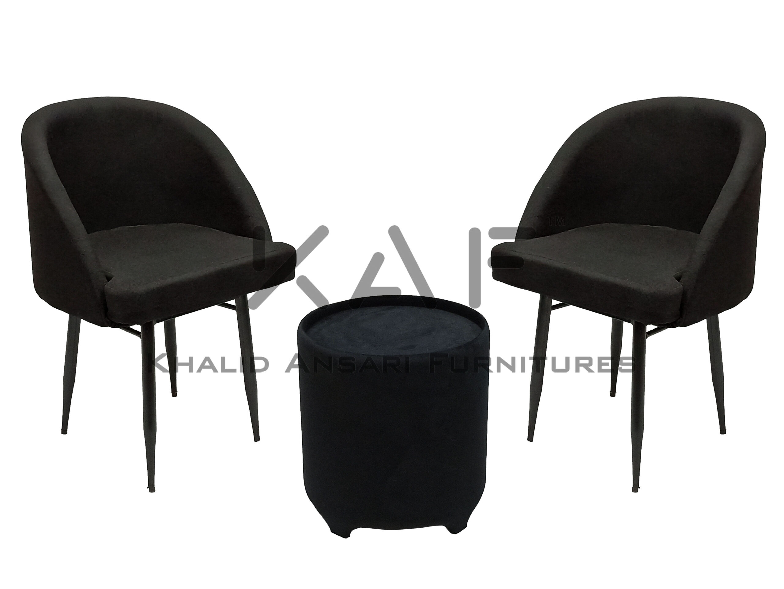 Bed Room Premium Chair Slope Arm Design Black Jute Fabric set with Black Velvet Tea Table - 2 Chairs + 1 Table