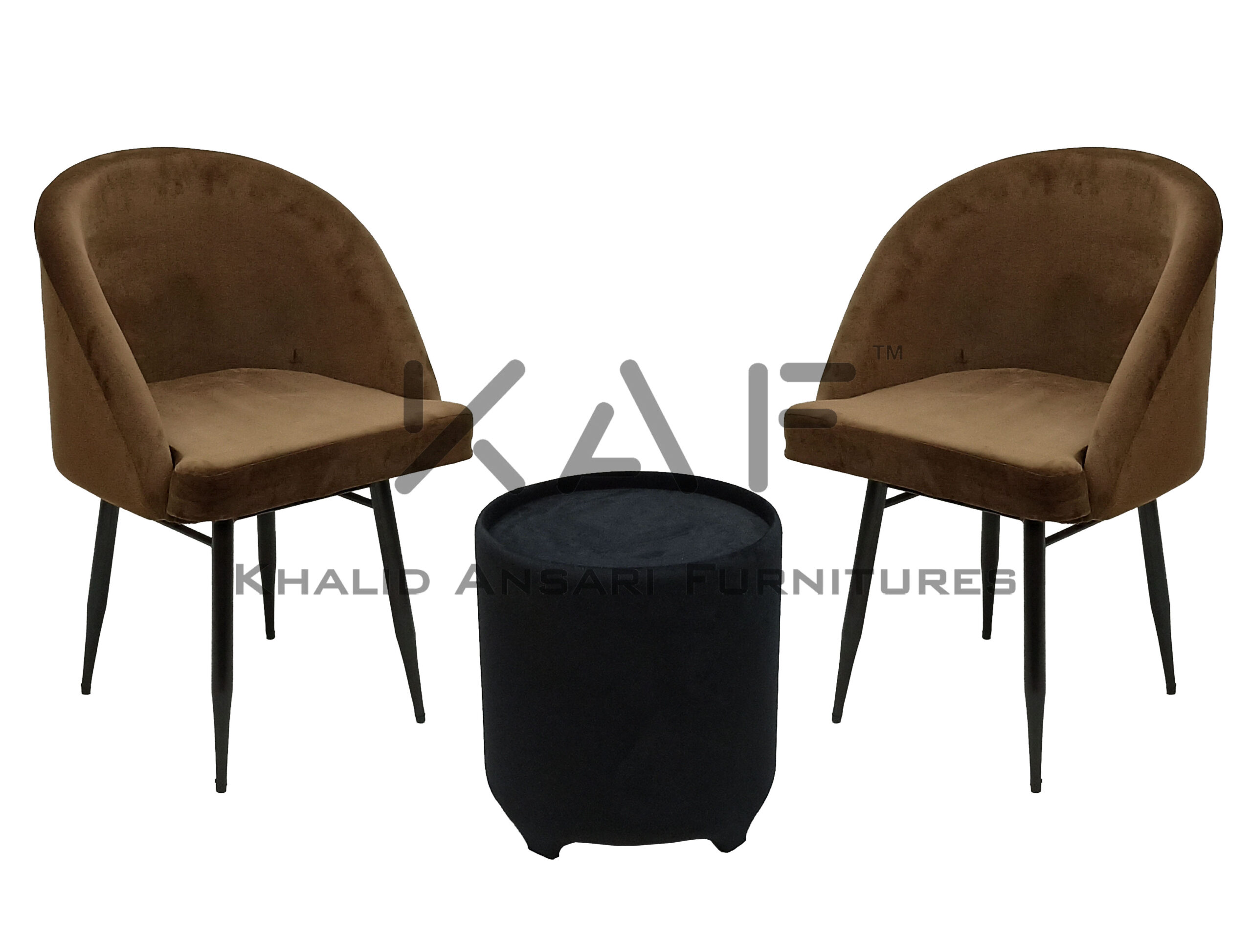 Bed Room Premium Chair Slope Arm Design Camel Brown Velvet set with Black Velvet Tea Table - 2 Chairs + 1 Table