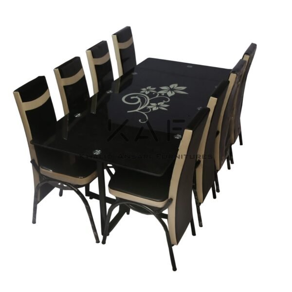 Dining Table 8 Person Arabi Flower Design – Golden Black High Back Chairs