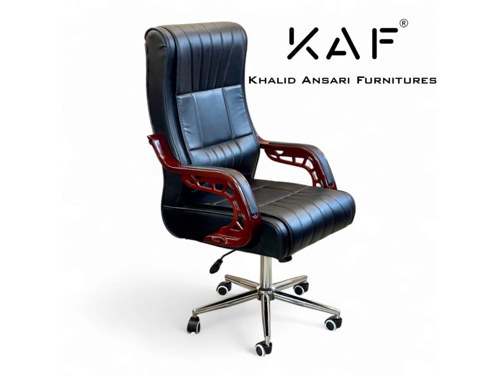 Executive-Linear-Stitched-High-Back-Chair-Black-Leatherette-with-Wooden-Arms-side-view