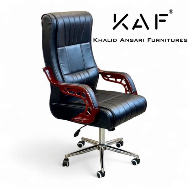Executive-Linear-Stitched-High-Back-Chair-Black-Leatherette-with-Wooden-Arms-side-view