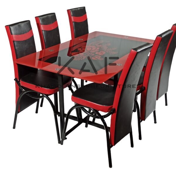 Dining Table Red Black Moti Flower Design – 6 Person High Back Chairs